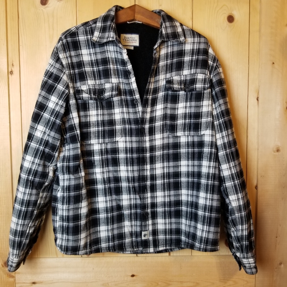 Boston Traders Black White Plaid Fleece Lined Button Up Shirt Jacket "Shacket"
